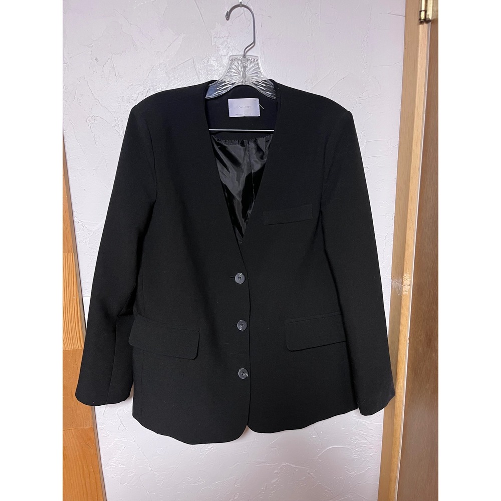 Oak + Fort Womens Black Collarless V-Neck‎ Blazer Jacket Size S Small 3-Button